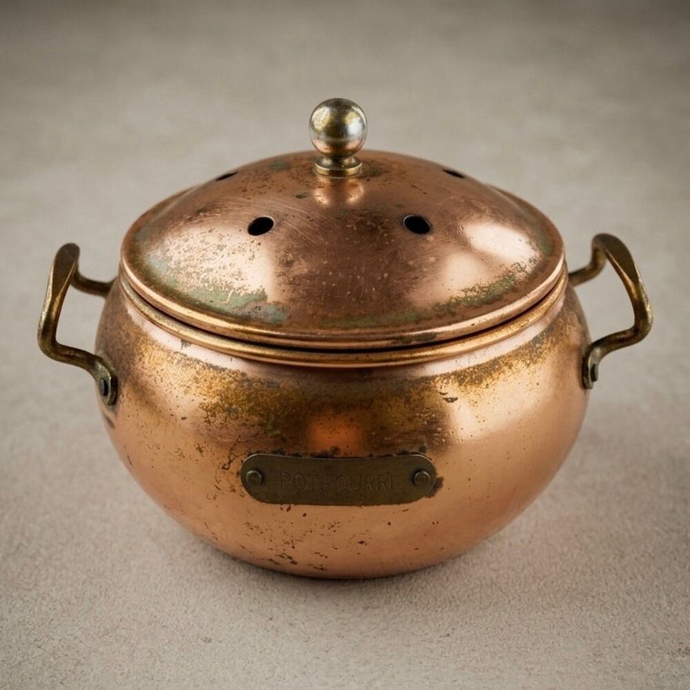 Vintage Copper Potpourri Pot Vented Lid Brass Handles Cottagecore Simmer Bowl